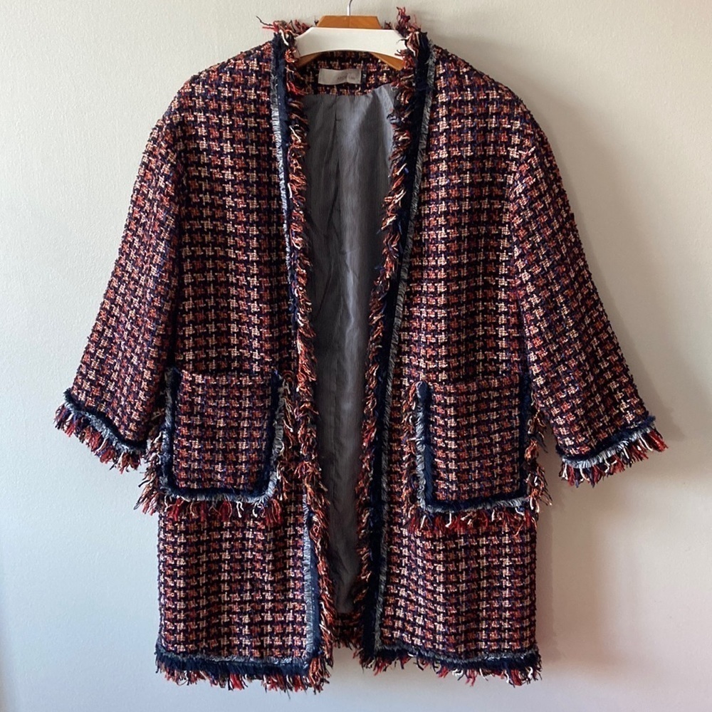 ATOP Lady Tweed Long Jacket Navy Red Gold Size Medium